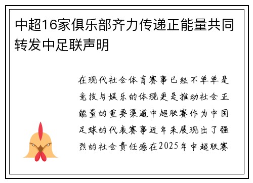 中超16家俱乐部齐力传递正能量共同转发中足联声明 中超16家俱乐部齐力传递正能量共同转发中足联声明